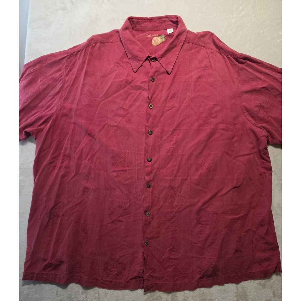 Caribbean Silk Blend Hawaiian Shirt Mens 4X Red Jacquard Pineapple Hibiscus Camp